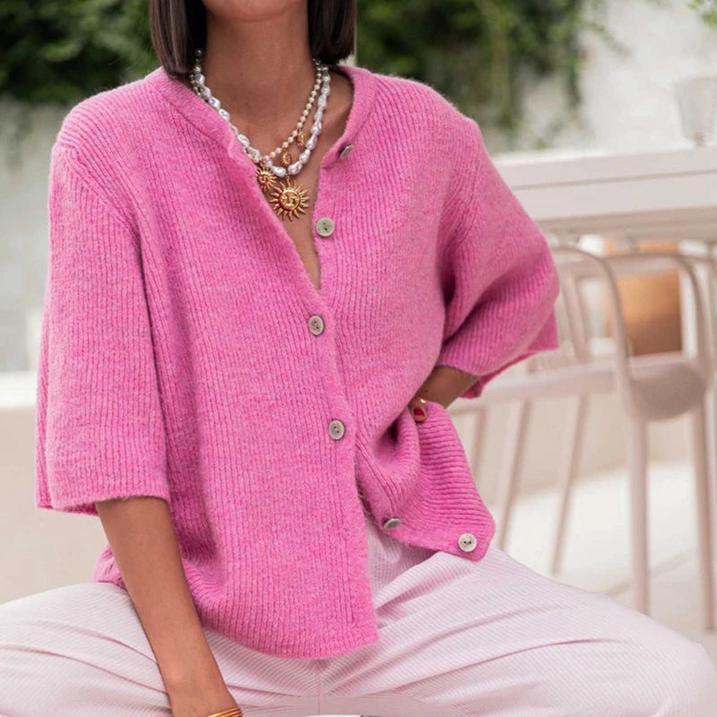 Top de punto para mujer con cuello redondo, estética vintage Y2K, de ajuste holgado; cárdigan de punto de manga corta con botones